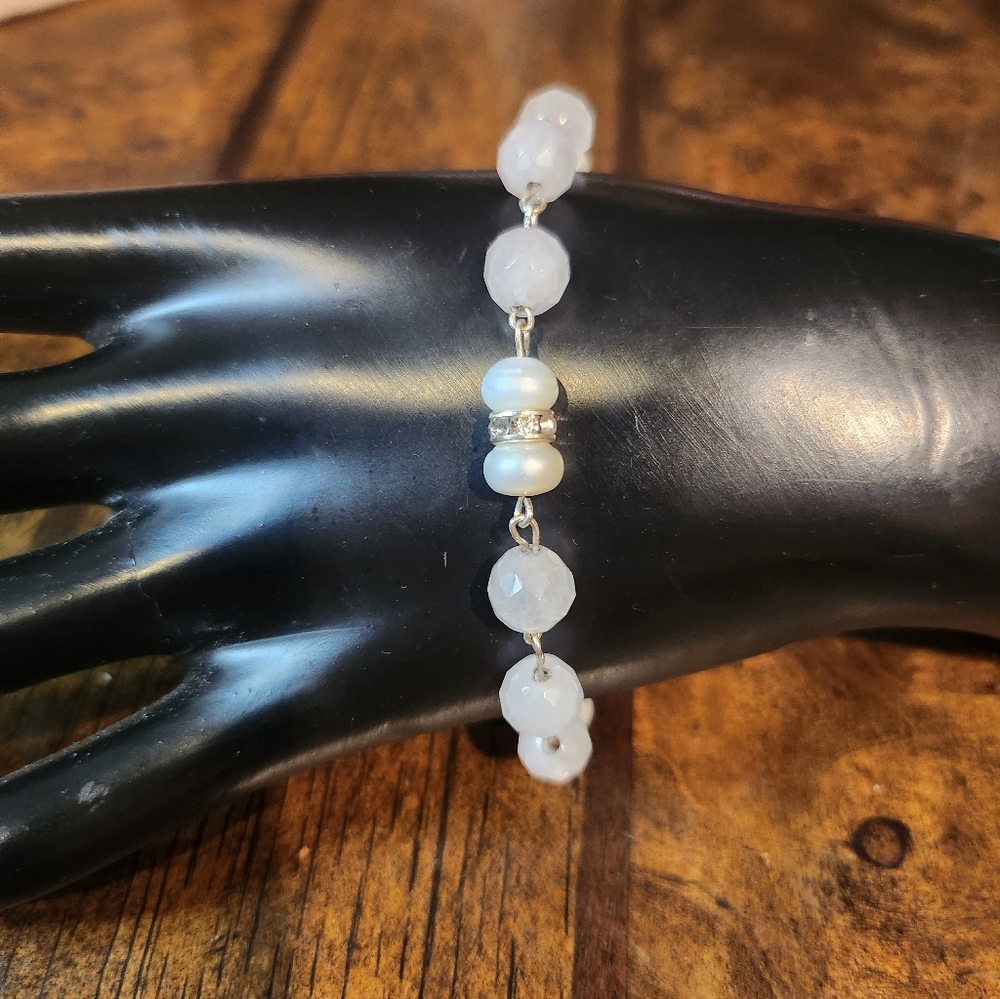 925 Sterling Silver rose quartz & pearls bracelet